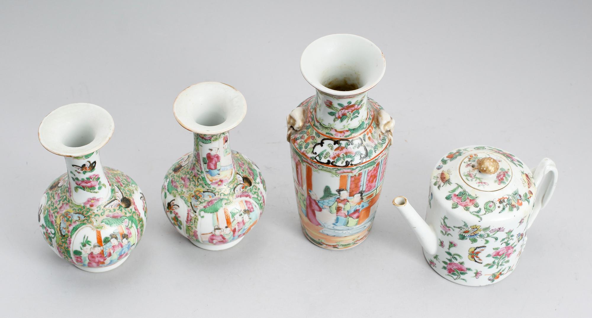 VASER, 3 st (2+1) samt TEKANNA, porslin, Kanton, Kina, 1800-tal.