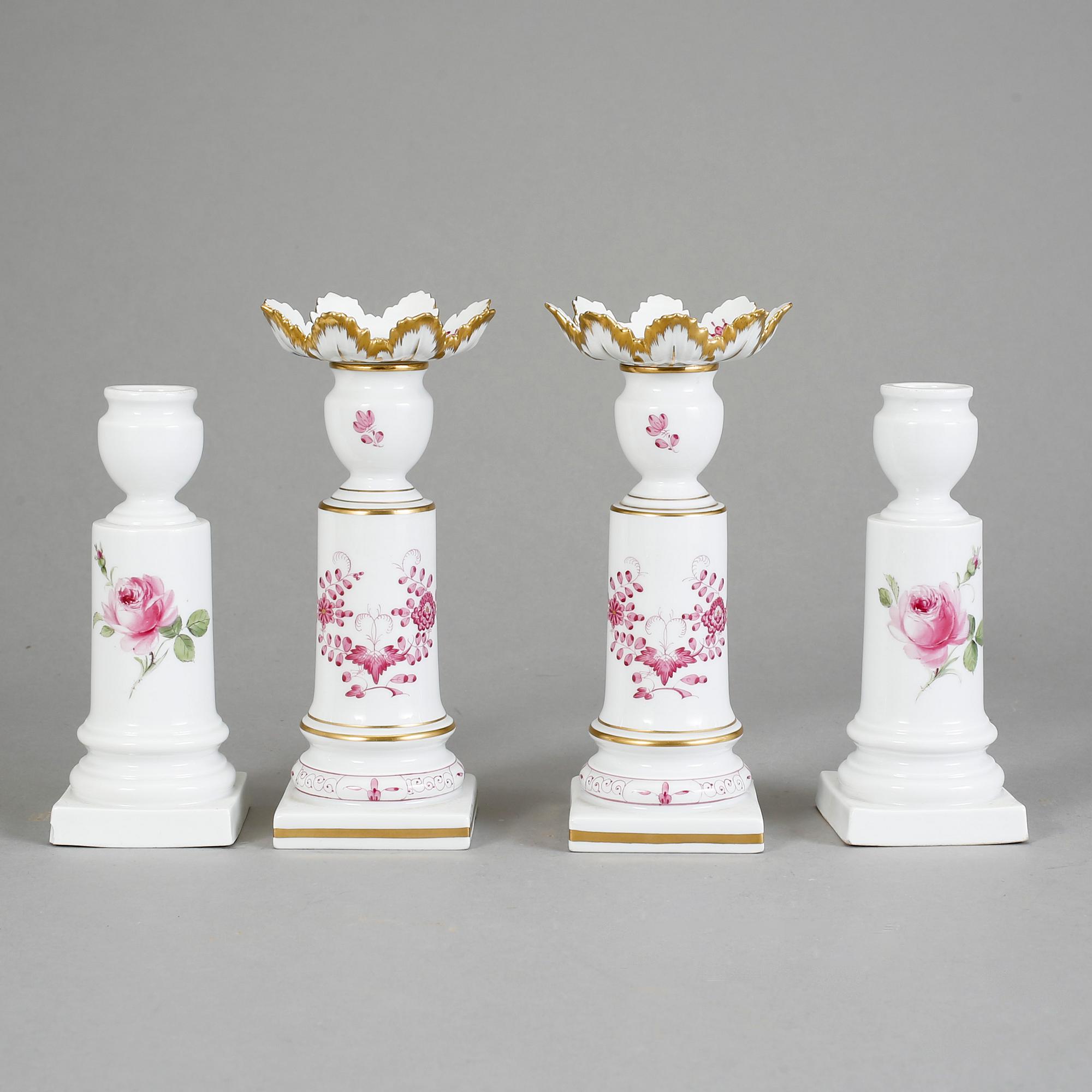 LJUSSTAKAR, två par varav ett par med ljusmanschetter. Meissen, 1900-tal.