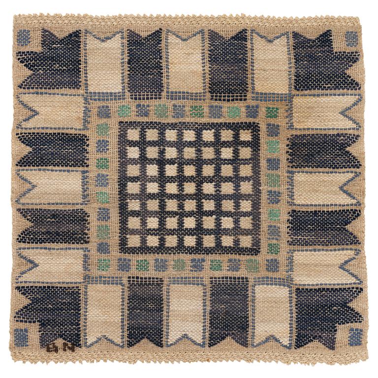 Barbro Nilsson, a textile, "Blå Stjärnan", Ca 42 x 42 cm, flat weave, signed BN.