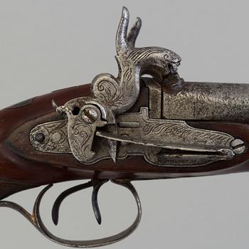 SNAPPLÅSPISTOL, dubbelpipig, otydlig signatur, 1800-tal.