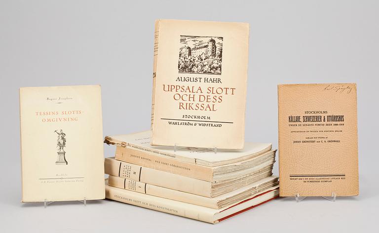 PARTI BÖCKER, 8 st, bla "Stockholms källare, Schweizerier & Utvärdshus...1866-1916" av J Grönstedt, 1916, numr 428/500.