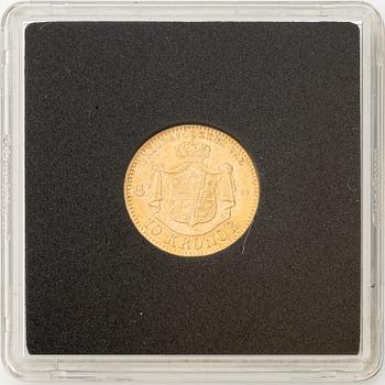 Gold coin, Oscar II, 10 kronor, type I, Sweden 1873.