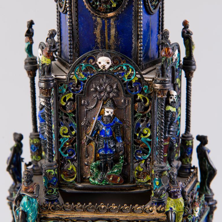 An Austrian silver, enamel and lapis lazuli mantel clock, probably by Hermann Böhm, Vienna, latter half of 19th Century.