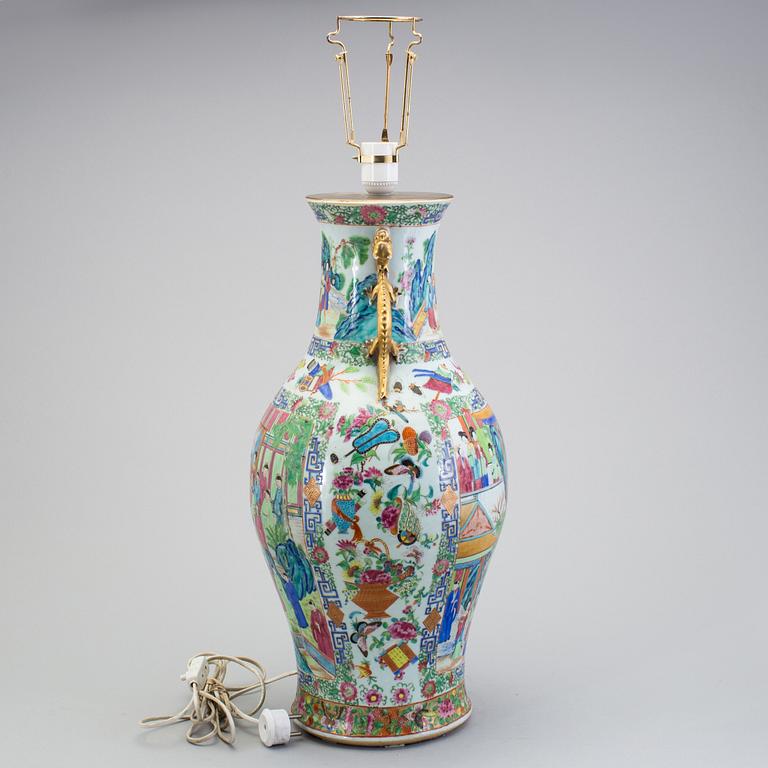 A CHINESE CANTON PORCELAIN VASE, 19th century, now a table lamp.