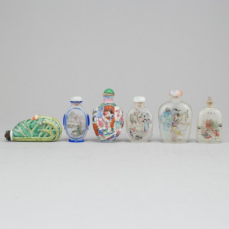 A group of six snuff bottles, 20th century.