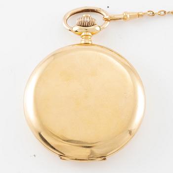 Longines, pocket watch, hunter, 18K gold with chain, 52 mm.
