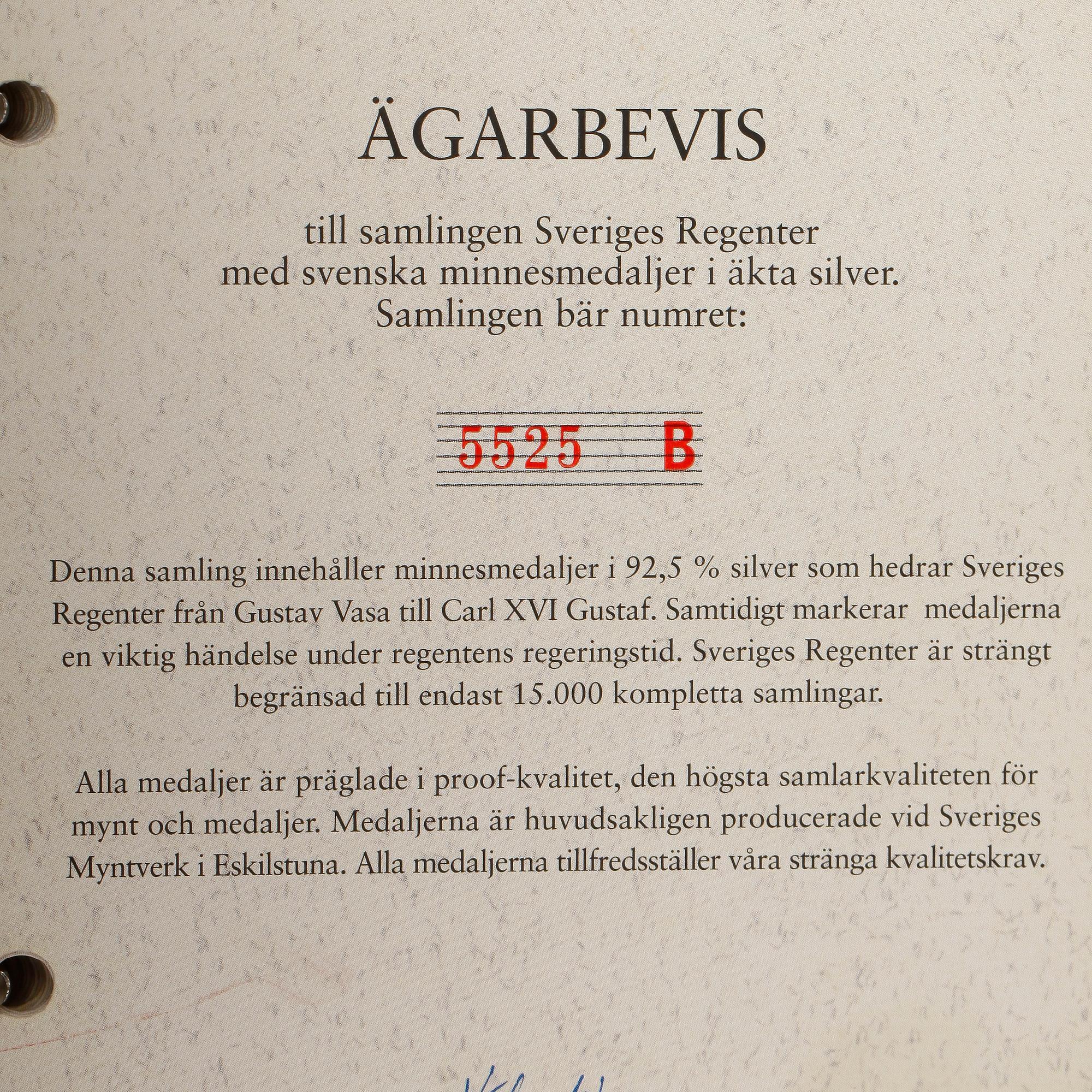MINNESMYNT, 35 st, sterlingsilver, "Sveriges regenter", ca 945 g.