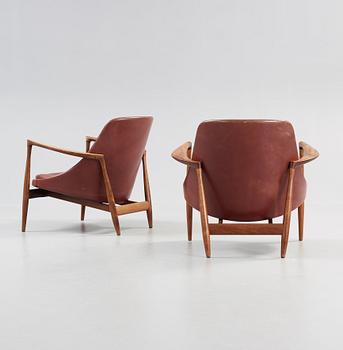 A pair of Ib Kofod Larsen palisander and brown leather 'Elisabeth' easy chairs, Denmark 1950's-60's.