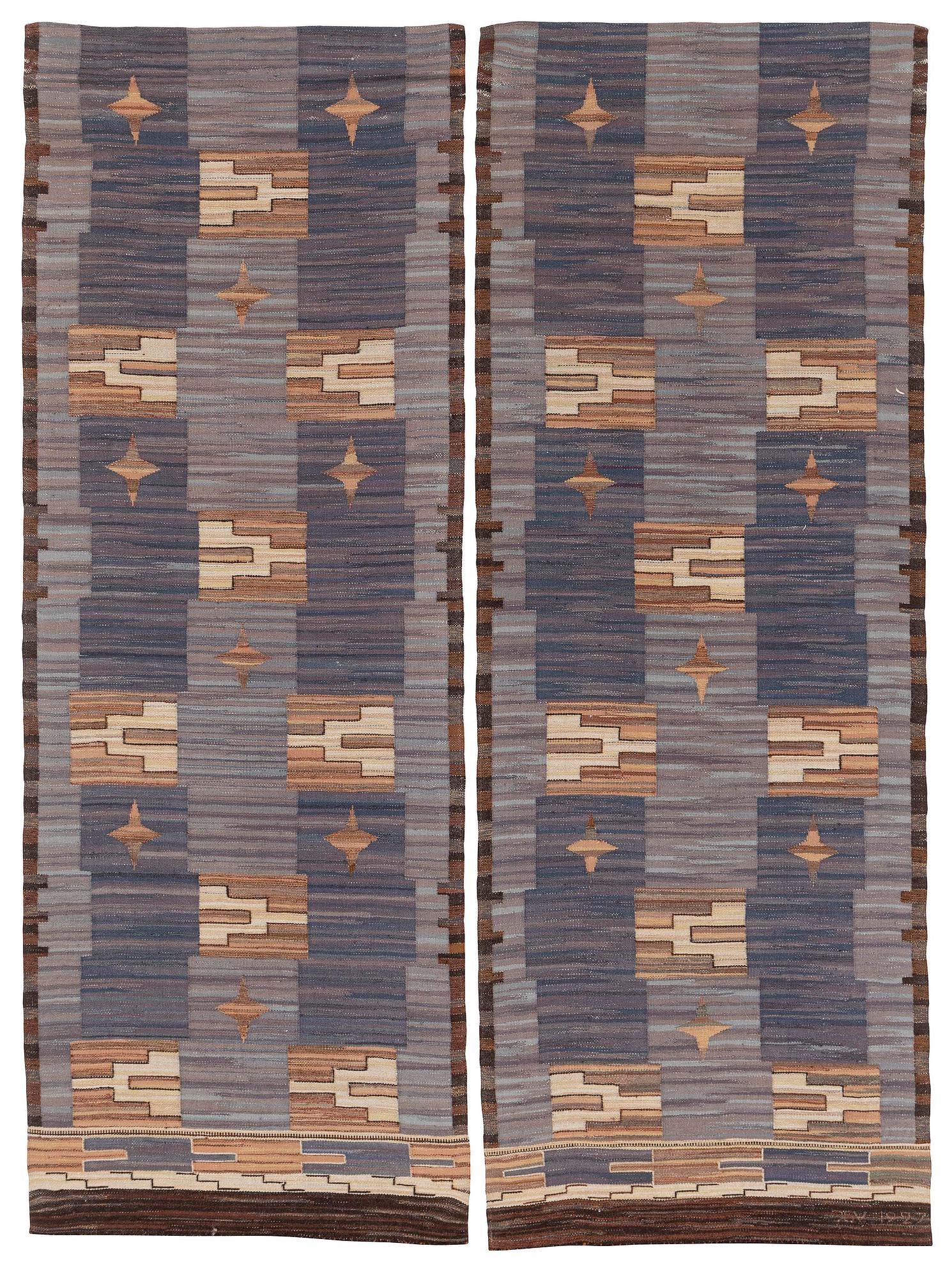 A pair flat weave  drapes, c. 232 x 84 cm each, signed JBV (Johanna Brunsson's weaving) and dated 1927.