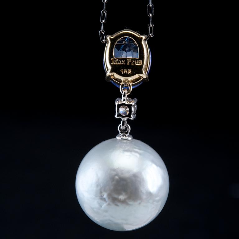A PENDANT, South Sea pearl Ø 15,4 mm, tanzanite 2.34 ct, brilliant cut diamond 0.15 ct W/vs.