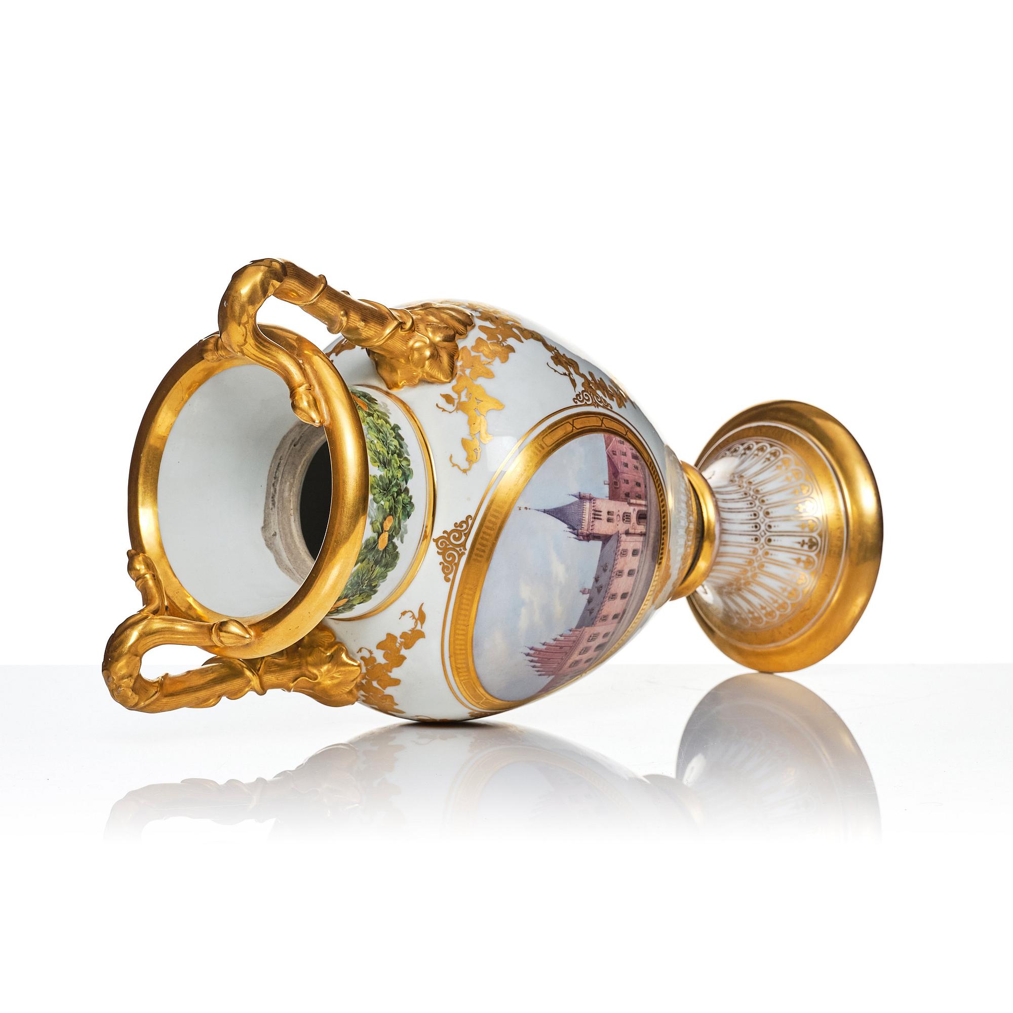 Bing & Grøndahl, a painted and gilt porcelain urn, Denmark, 1860's.