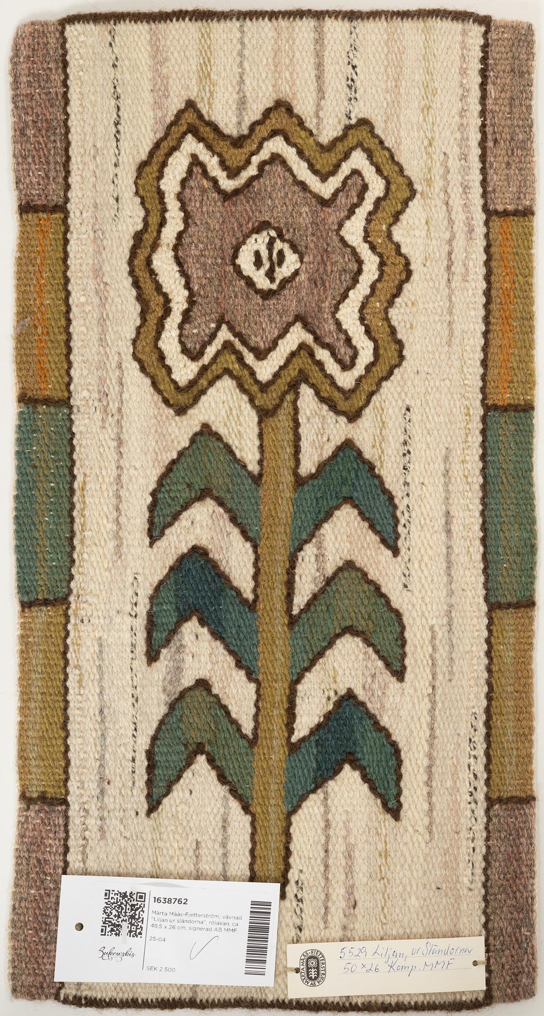 Märta Måås-Fjetterström, vävnad "Liljan ur sländorna", rölakan, ca 48,5 x 26 cm, signerad AB MMF.