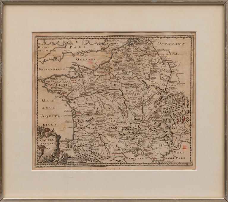 A MAP, hand-coloured copper engraving by Philipp Clüver, 17th century.