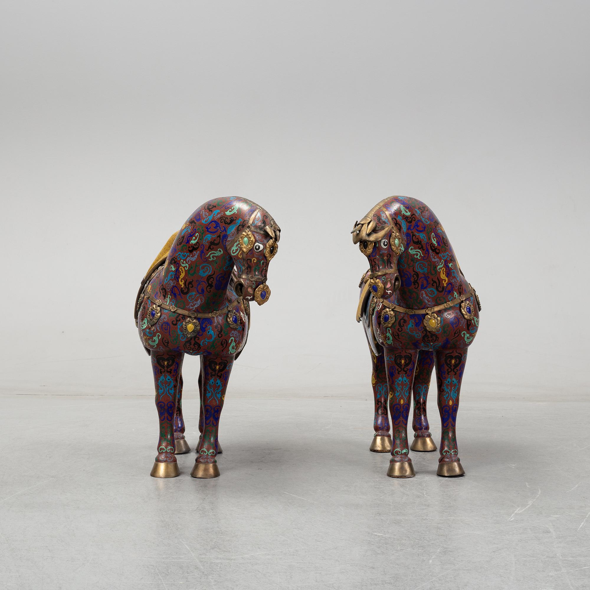 A pair of chinese Cloisonné sculptures, of moden manufacture.