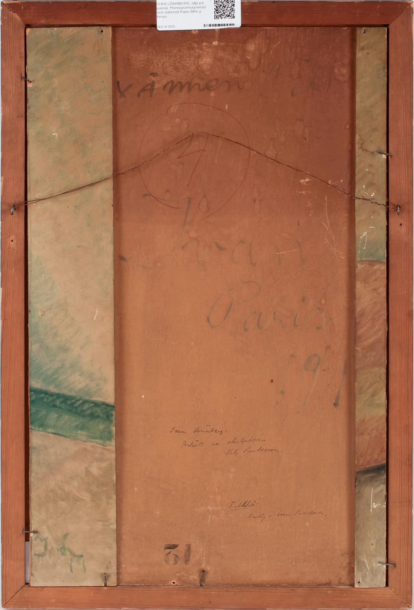 IVAN LÖNNBERG, olja på pannå. Monogramsignerad och daterad Paris 1914 a tergo.