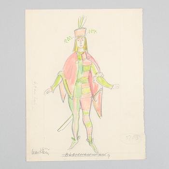 Seven costume sketches by César klein from Shakespears Twelfth Night, signed.