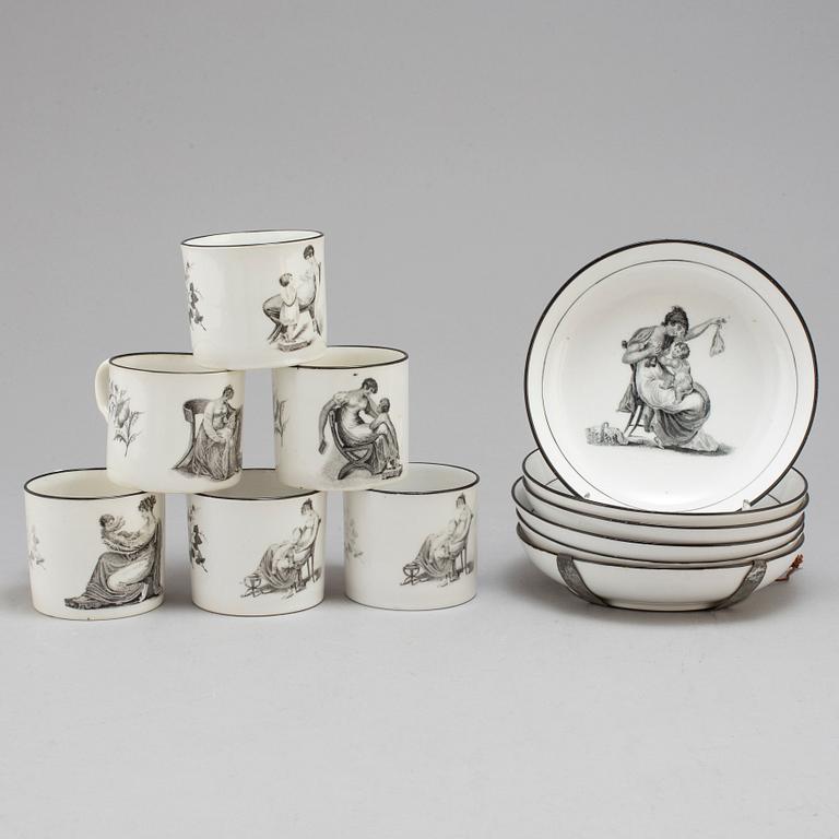 Six soft paste cups with saucers, early 19th century.