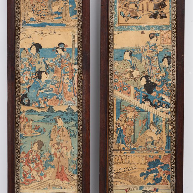 Two Chinese hardwood screens with Japanese woodblock prints, around 1900.