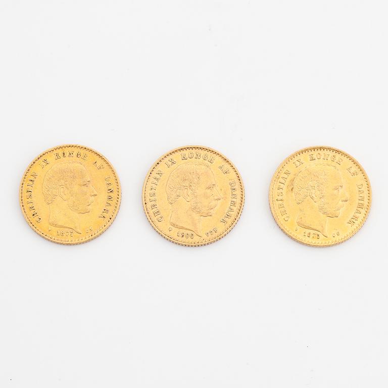 Christian IX, guldmynt 3 st, Danmark, 10 kr, 1873, 1877 och 1900.