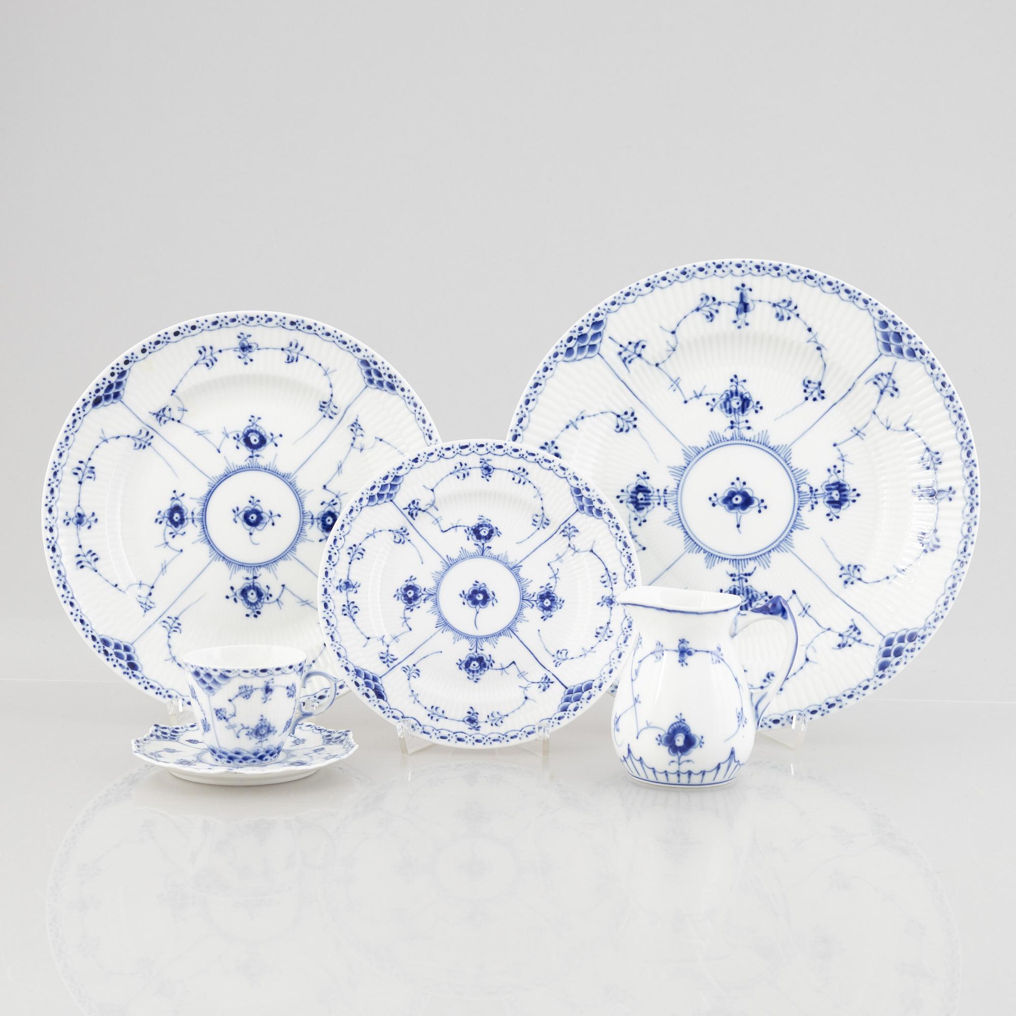 Royal Copenhagen,  18 porcelain service pieces, 'Blue Fluted', Denmark.