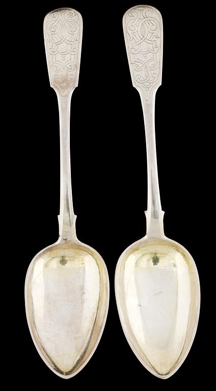 A set of two Russian 19th cent silver tablespoon, marks of Anton Chevarzin Moscow 1863.