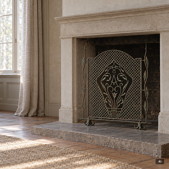 Antti Hakkarainen, attributed to, a fire screen, Taidetakomo Antti Hakkarainen, patinated metal, Finland probably 1920s.