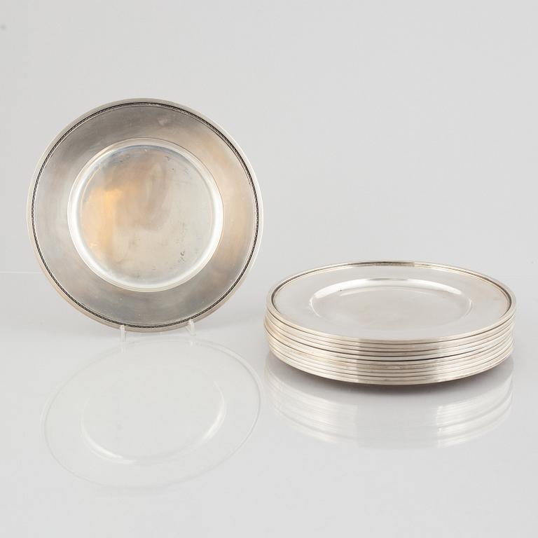 Atelier Borgila, kuverttallrikar, 12 st, sterlingsilver, Stockholm 1962.
