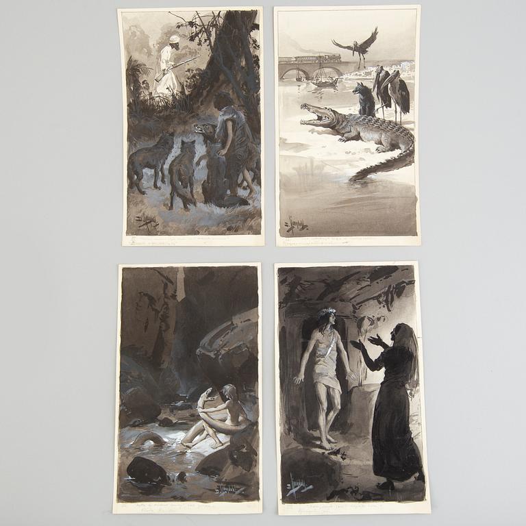 DAVID LJUNGDAHL, illustrationer, 8 st, tusch och täckvitt, signerade D. Ljungdahl. "Den andra djungelboken".