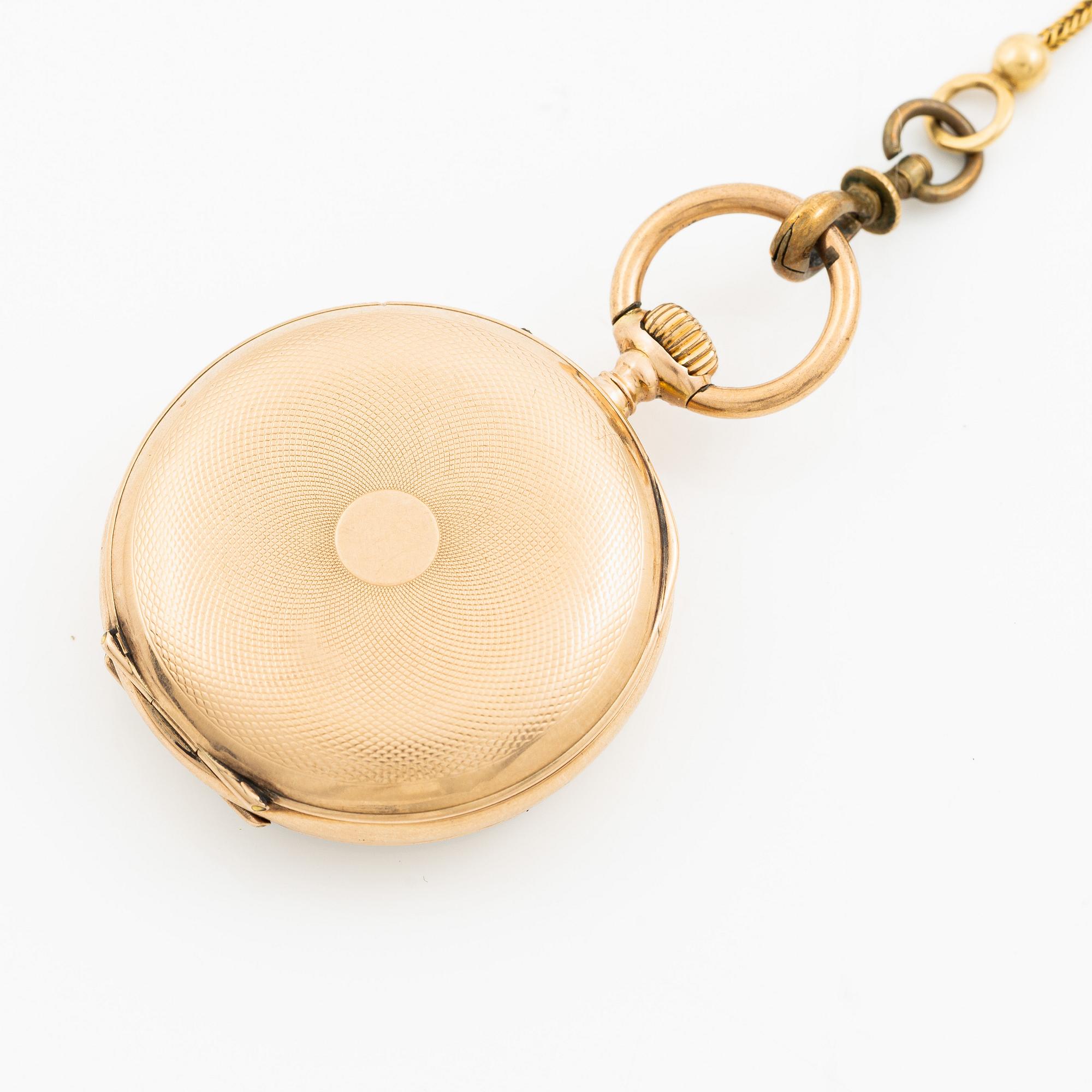 Pocket watch, 37 mm, 14K gold, Chain in 18K gold.