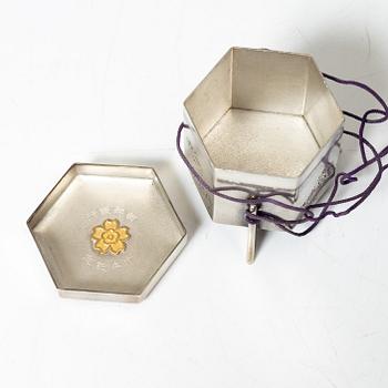 A group of six Japanese salts / boxes, some marked sterling silver, around 1900.