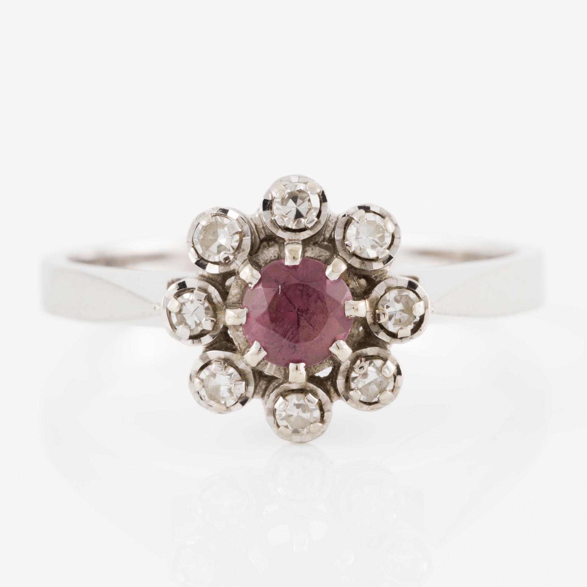 Ring, cameo model, 18K white gold with small diamonds and red-toned stone,.