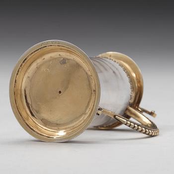 A German 17th century silver-gilt and rock-crystal miniature tankard, unmarked.