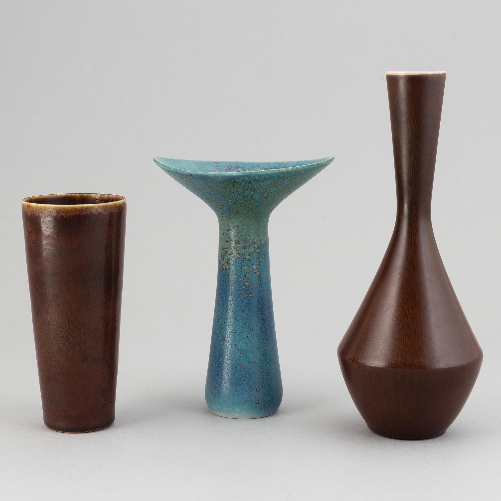 Carl-Harry Stålhane, three vases, stoneware, Rörstrand, Sweden.