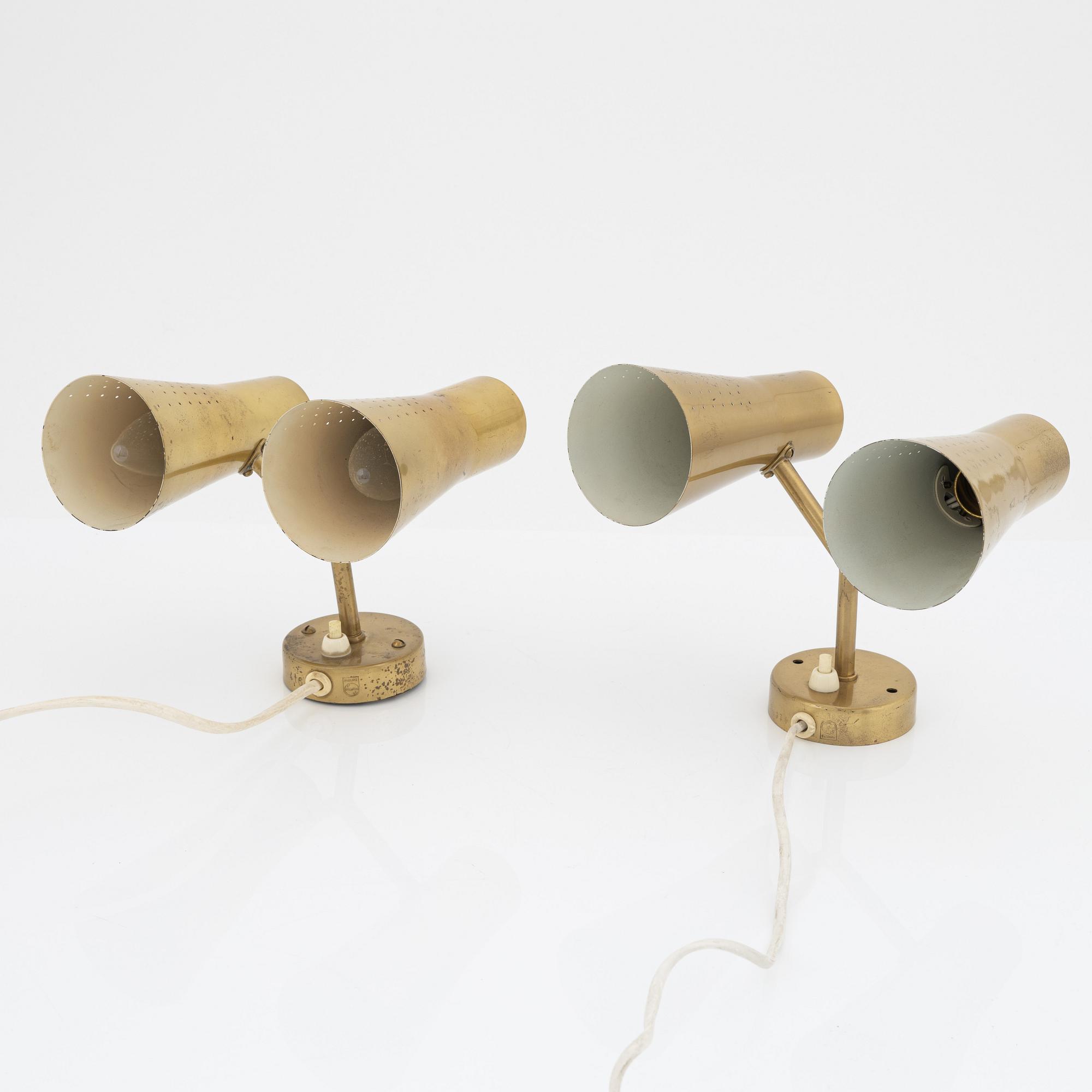 Hans Bergström, a pair of model '416' brass wall lights, Philips, mid 20th Century.