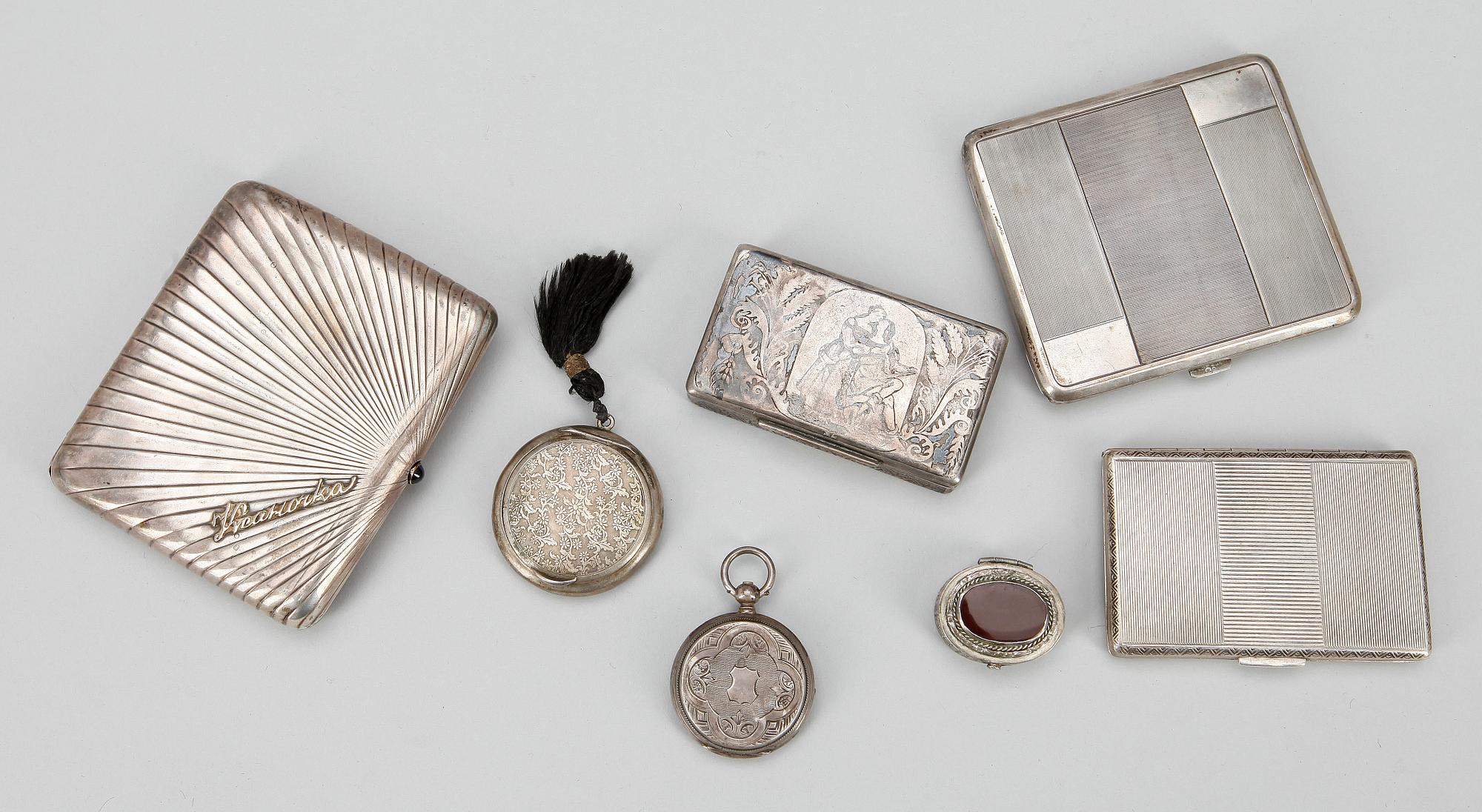PARTI DOSOR, 7 st, silver, bla Ryssland, 1800-1900-tal. Total vikt ca 481 g.