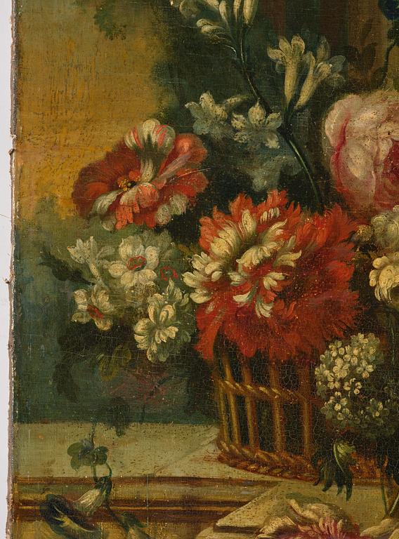 Pieter Casteels III, follower of, Wall panels, a pair, Flower urns with a parrot and a monkey respectively.