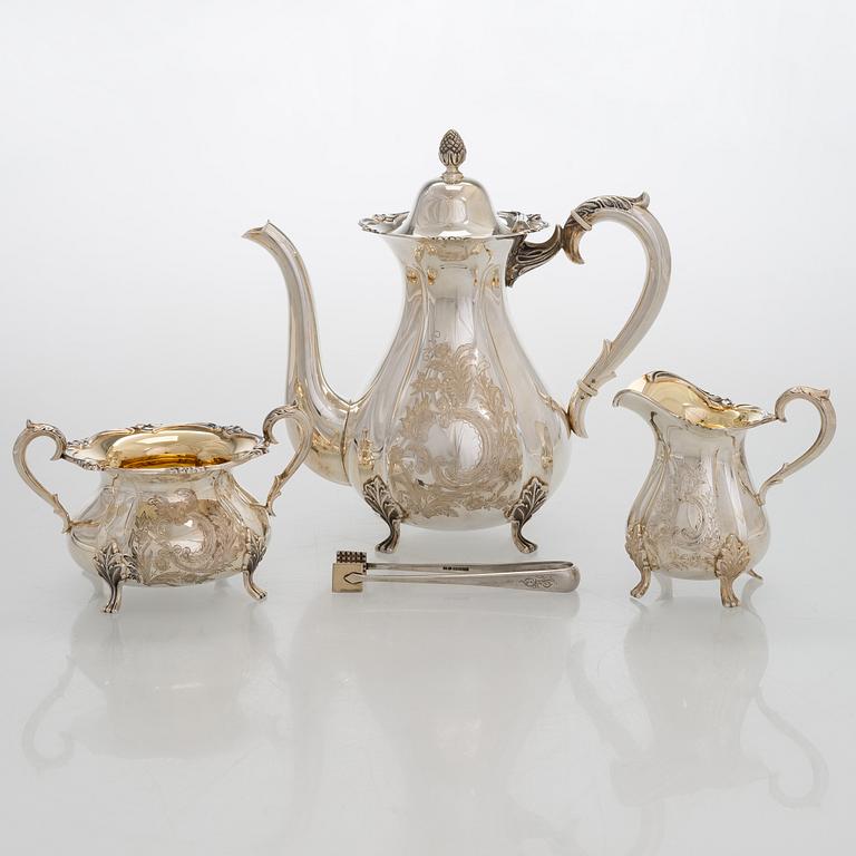 Kaffeservis 3 delar samt sockertång, silver, Kultakeskus Tavastehus 1961-62.