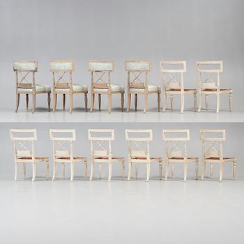 Twelve (8+4) late Gustavian early 19th century chairs. Eight chairs missing upholstery.