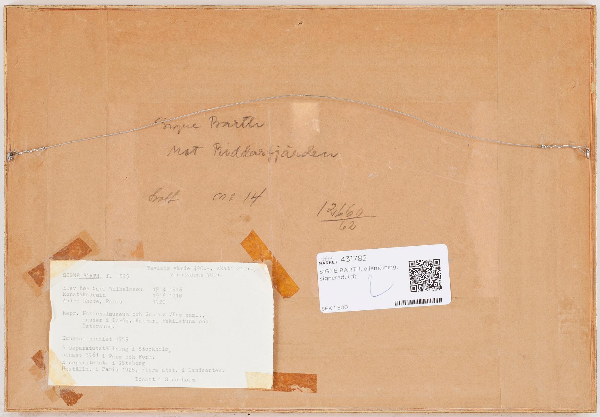 SIGNE BARTH, olja på pannå, signerad och daterad -61.