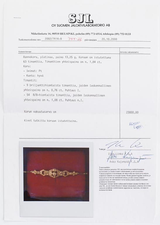 Armband, platina, med briljant- och 8/8 slipade diamanter.