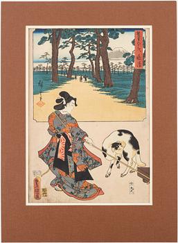 Utagawa Kunisada and Utagawa Hiroshige, Two Brushes Tōkaidō, 'Fujisawa: Terute-hime and the Gateway to Yūgyō-ji Temple'.