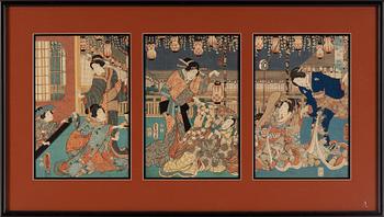 Utagawa Kunisada, även kallad Toyokuni III (1786-1864), triptyk, färgträsnitt. Japan, 1800-tal.