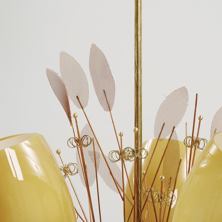 A Paavo Tynell model 9029 brass and glass ceiling lamp by Taito OY, Finland, ca 1950.