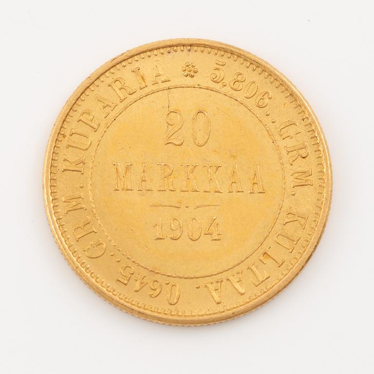 A goldcoin, Finland, Russian Duchy, 20 Markkaa, 1904.