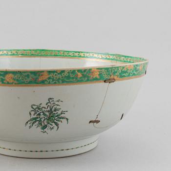 Two large famille rose and gilt punch bowls, Qing dynasty, 18th century.