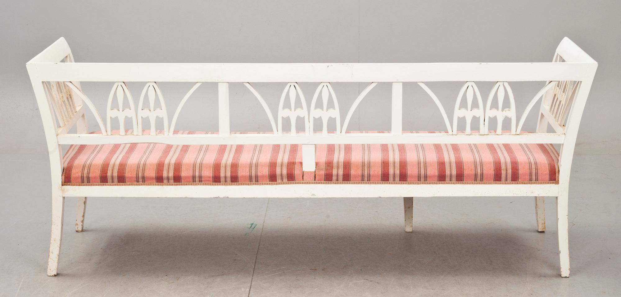 SOFFA MED STOLAR, 1+6. Sengustavianskt Lindome, 1800-talets början. Brännmärkt INS.