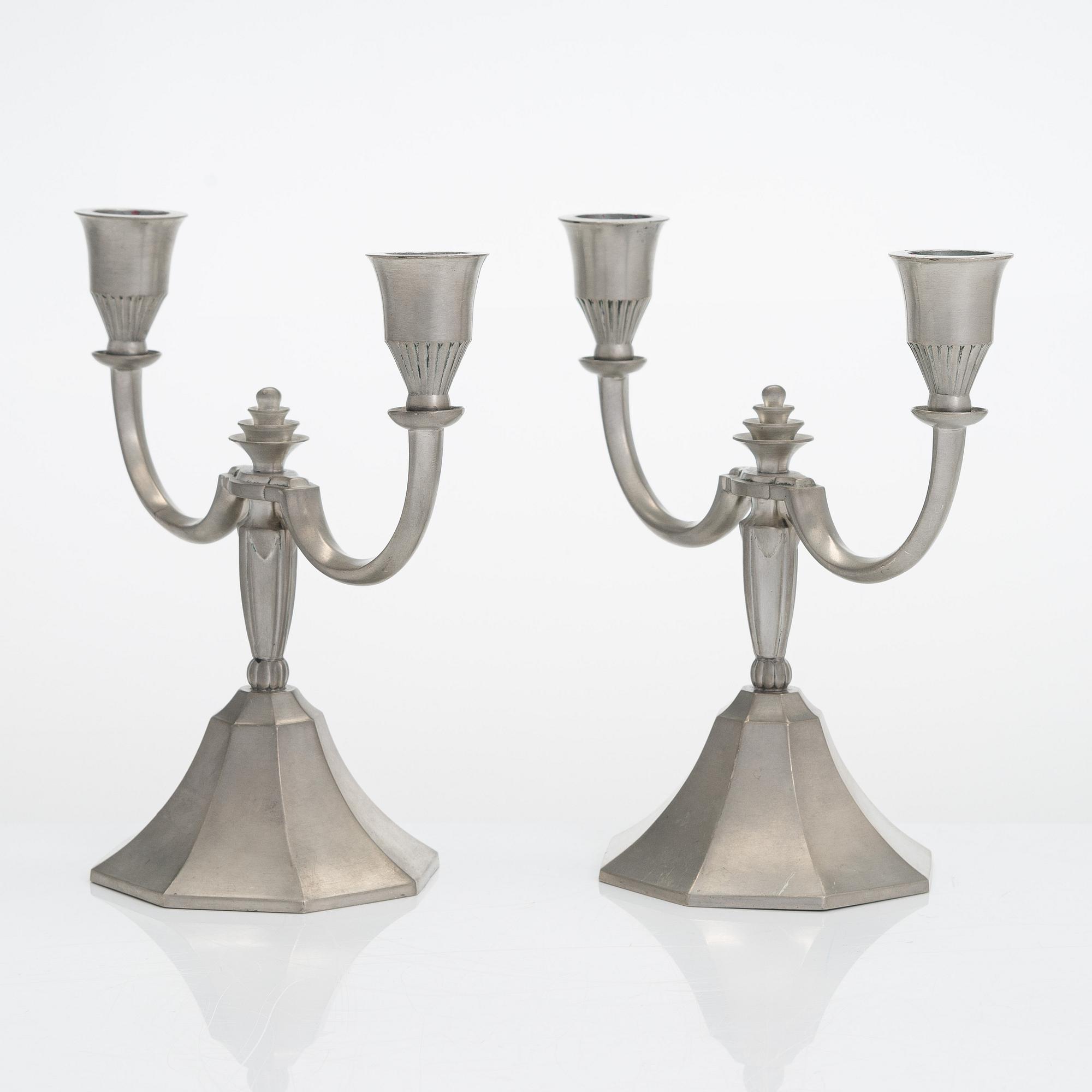 Just Andersen, A pair of danish pewter candelabra.