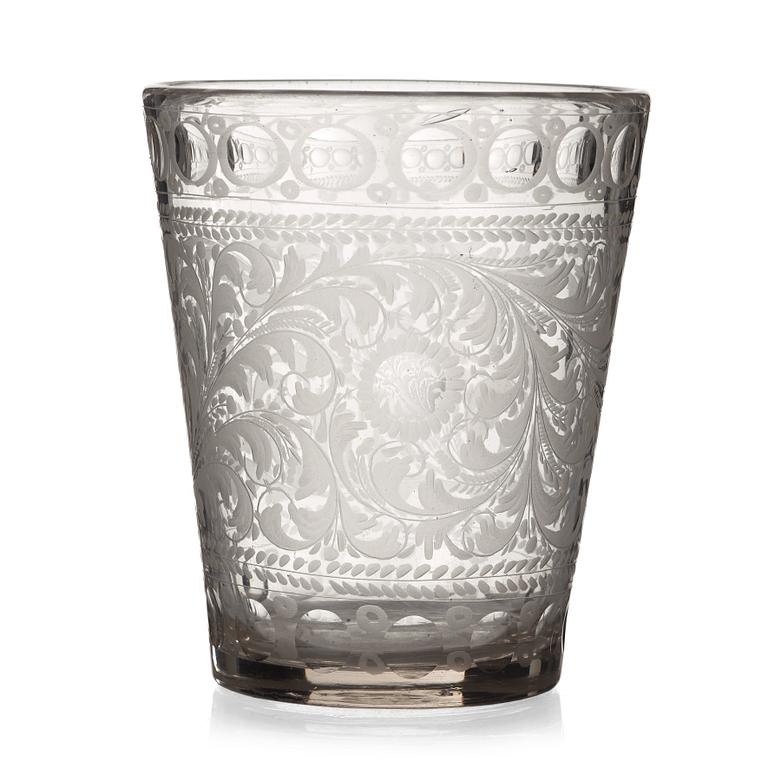 A large engraved and cut glass beaker, Northern Europe, 18th Century.