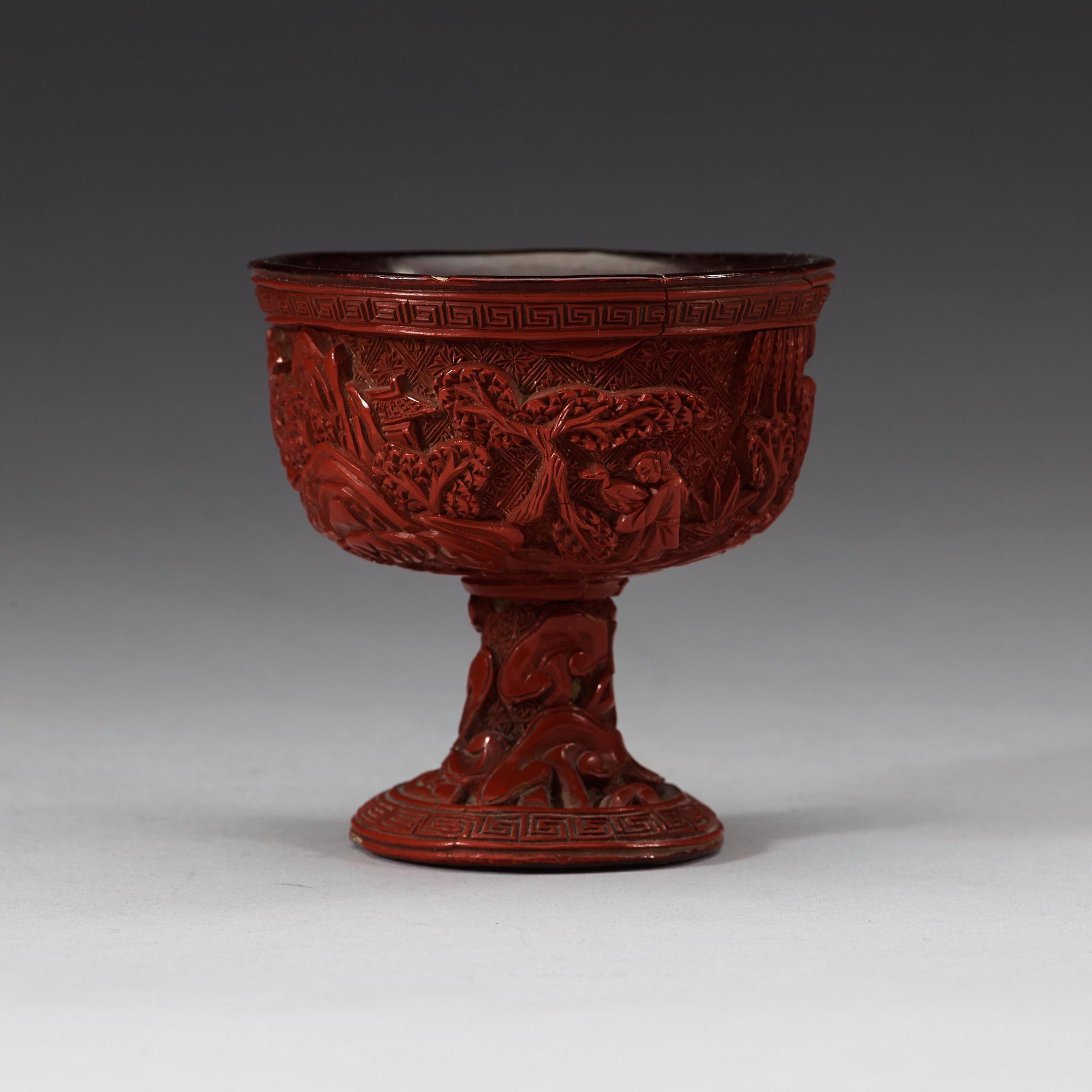 A carved cinnabar lacquer stem cup, Qing dynasty, 17th/18th Century.
