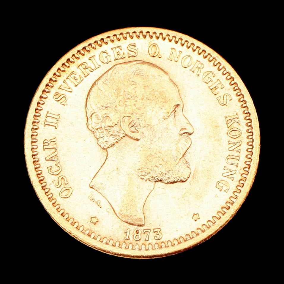 GULDMYNT, 10 kr, Oscar II, 1873. Vikt ca 5 g.